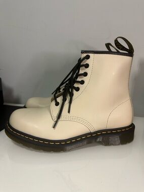 DR. Martens Cream Lace-Up Combat Boots with Black Trim